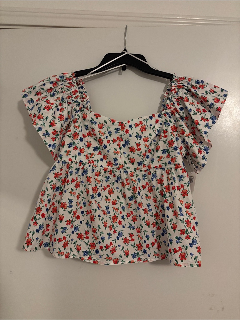 White Floral Square-Neck Blouse with Flutter Sleeves